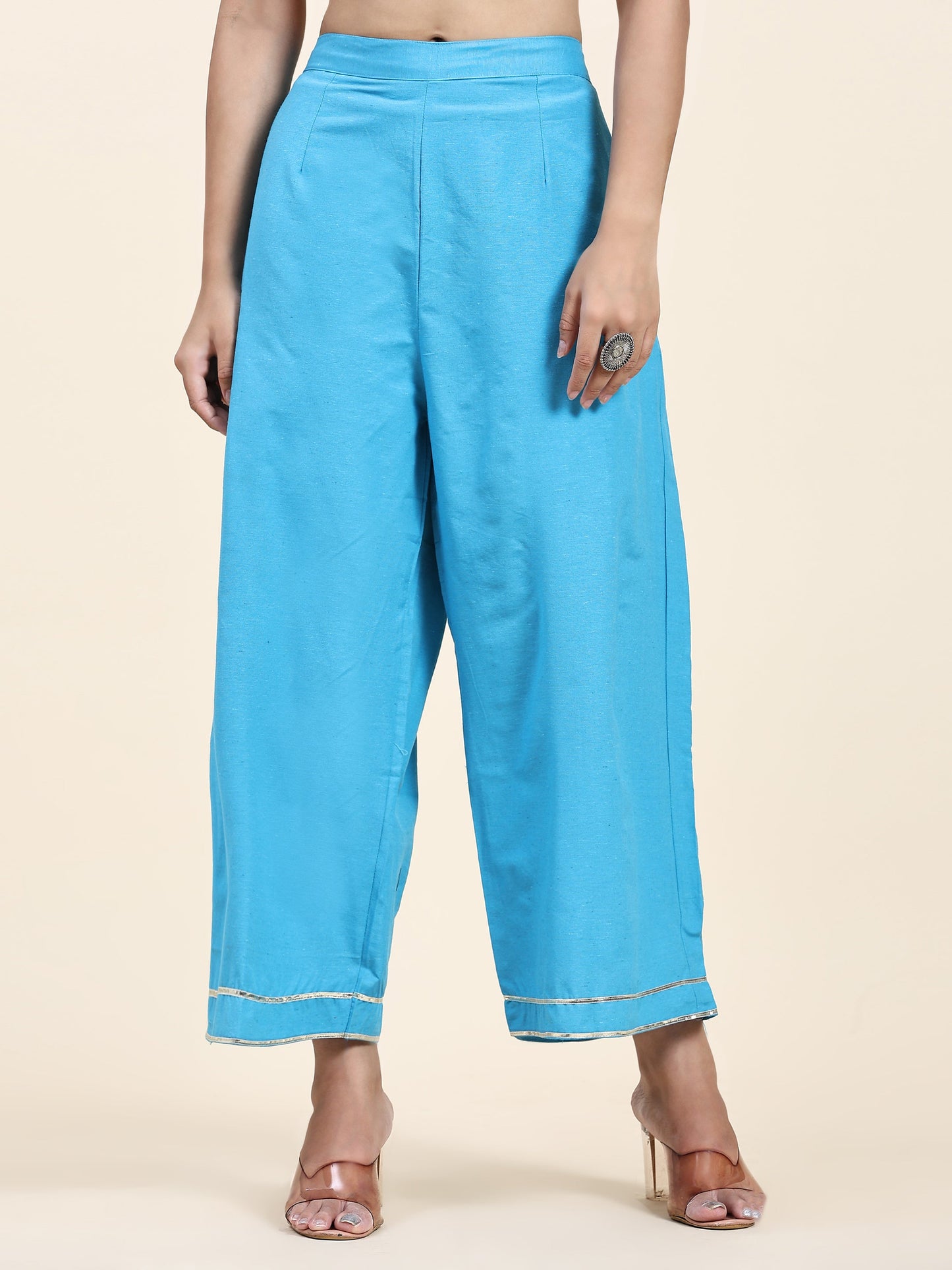 ANUSHIL Women's Cotton Kurta Plazzo Dupatta Set - Graceful Lace Detailing and Comfortable 3/4 Sleeves (Blue)