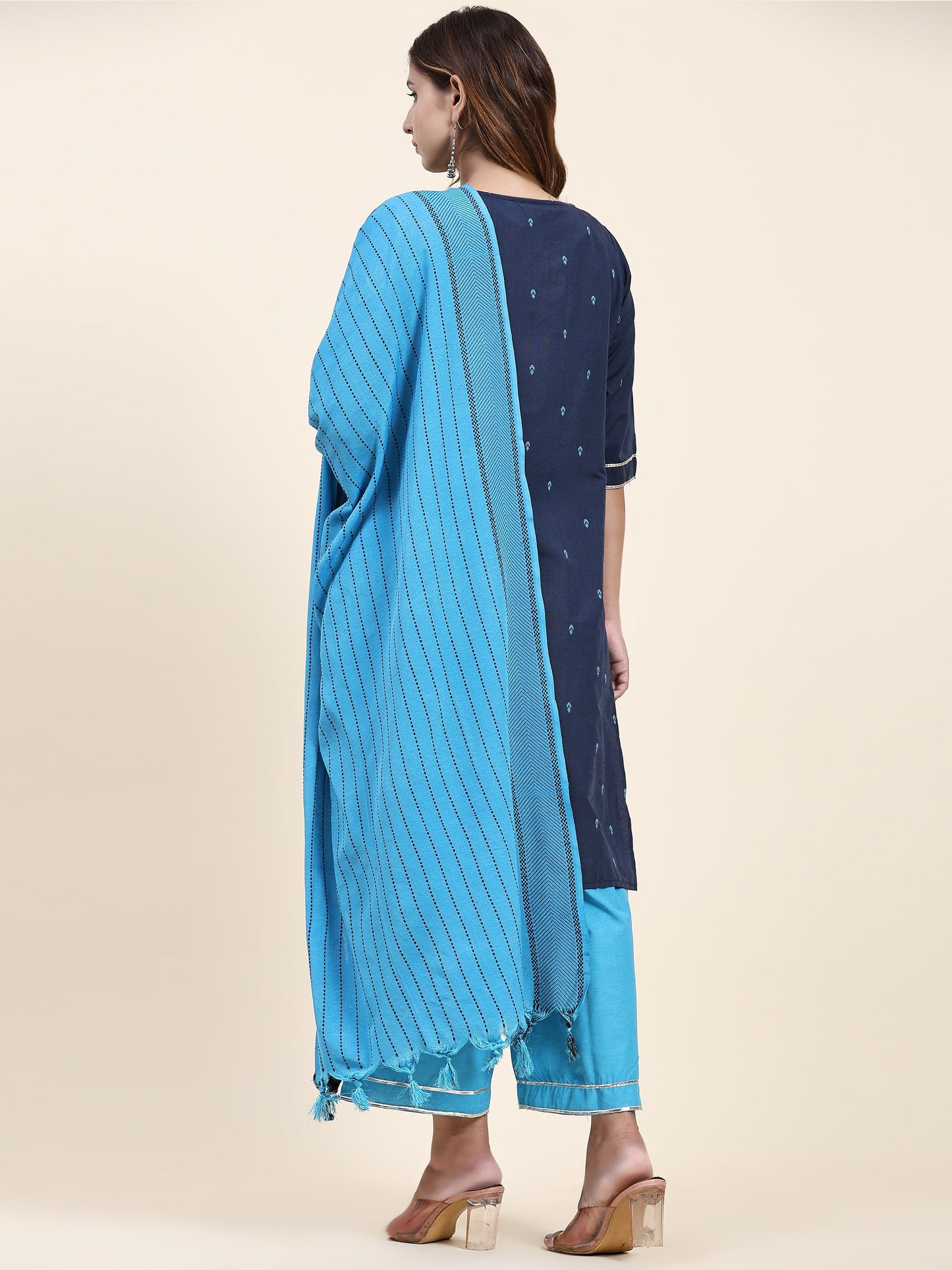ANUSHIL Women's Cotton Kurta Plazzo Dupatta Set - Graceful Lace Detailing and Comfortable 3/4 Sleeves (Blue)