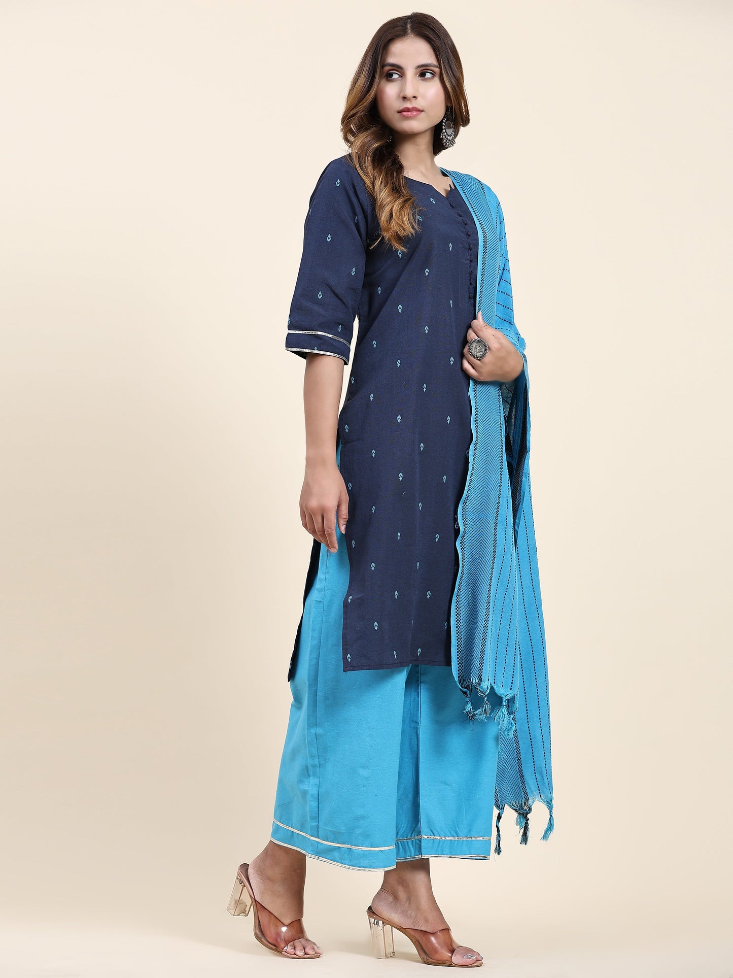 ANUSHIL Women's Cotton Kurta Plazzo Dupatta Set - Graceful Lace Detailing and Comfortable 3/4 Sleeves (Blue)