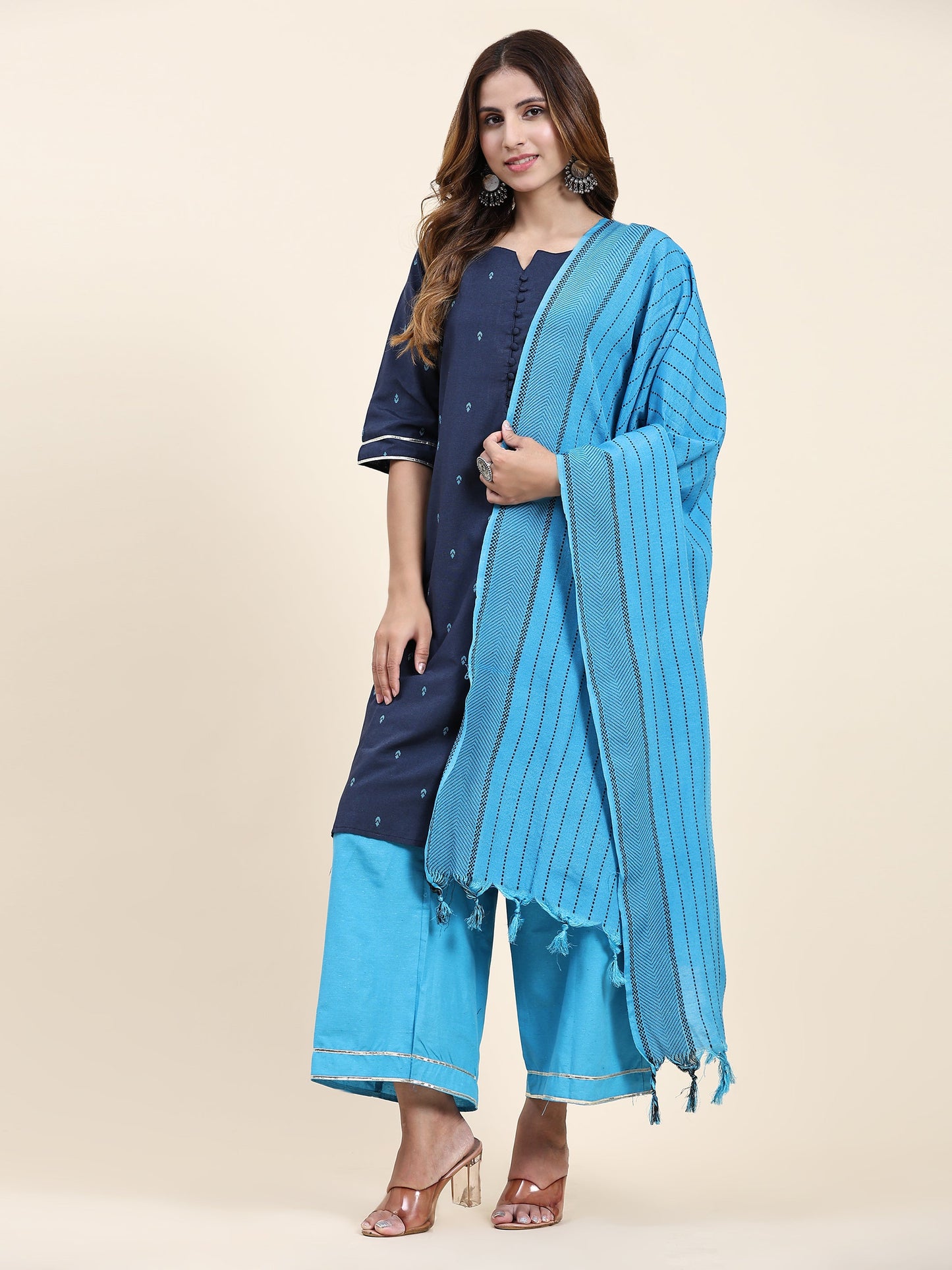 ANUSHIL Women's Cotton Kurta Plazzo Dupatta Set - Graceful Lace Detailing and Comfortable 3/4 Sleeves (Blue)