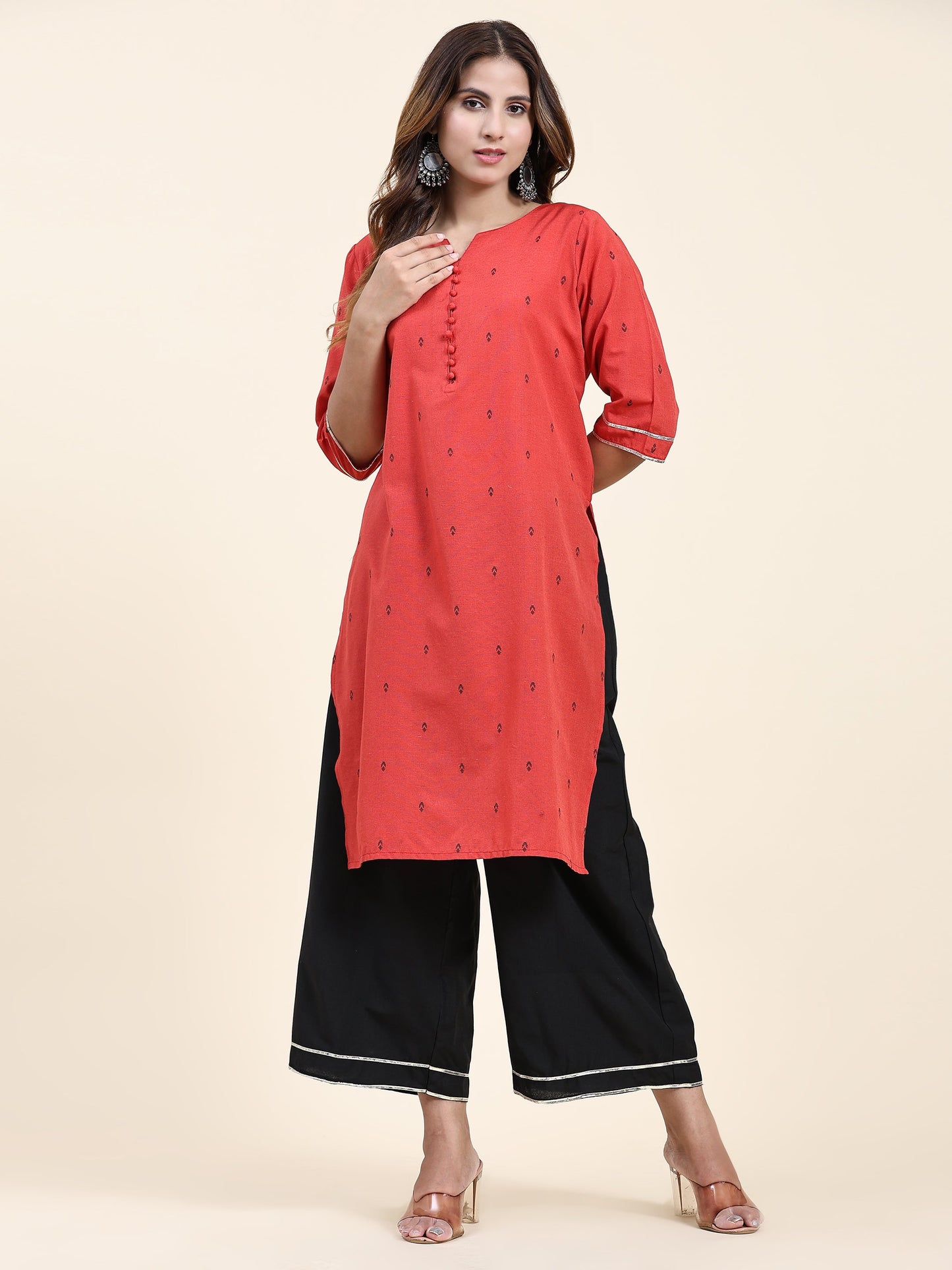 ANUSHIL Women's Cotton Kurta Plazzo Dupatta Set - Graceful Lace Detailing and Comfortable 3/4 Sleeves (Red)