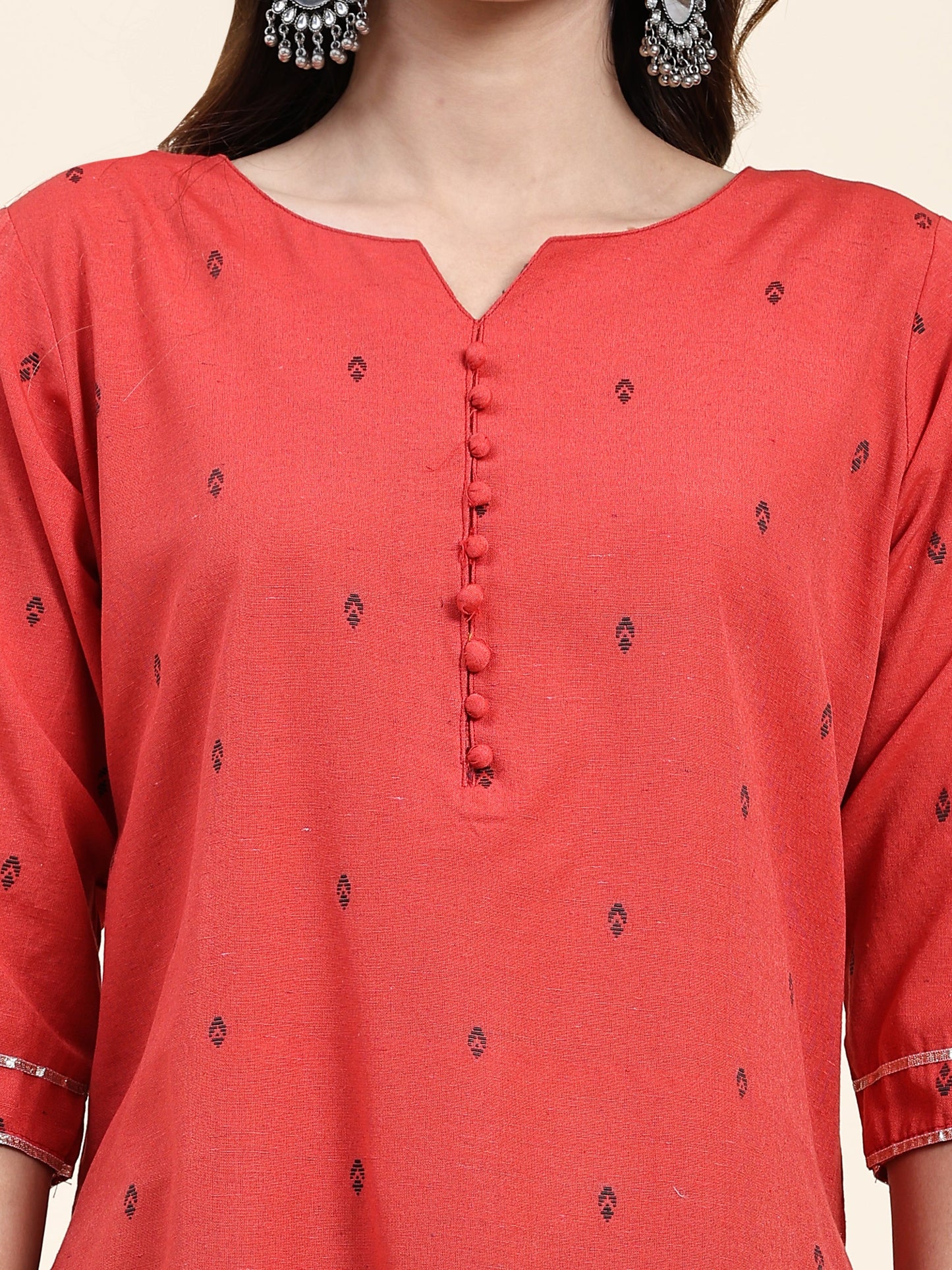 ANUSHIL Women's Cotton Kurta Plazzo Dupatta Set - Graceful Lace Detailing and Comfortable 3/4 Sleeves (Red)