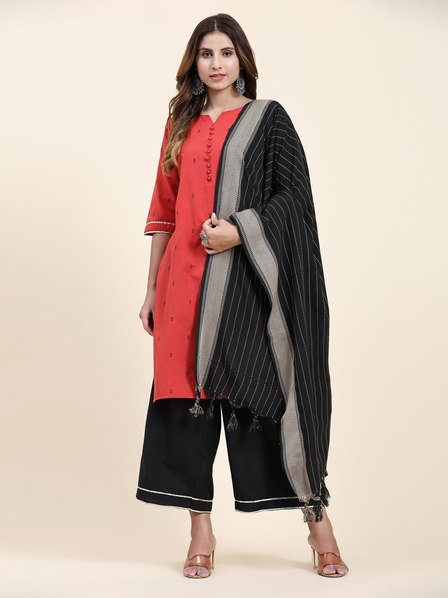 ANUSHIL Women's Cotton Kurta Plazzo Dupatta Set - Graceful Lace Detailing and Comfortable 3/4 Sleeves (Red)