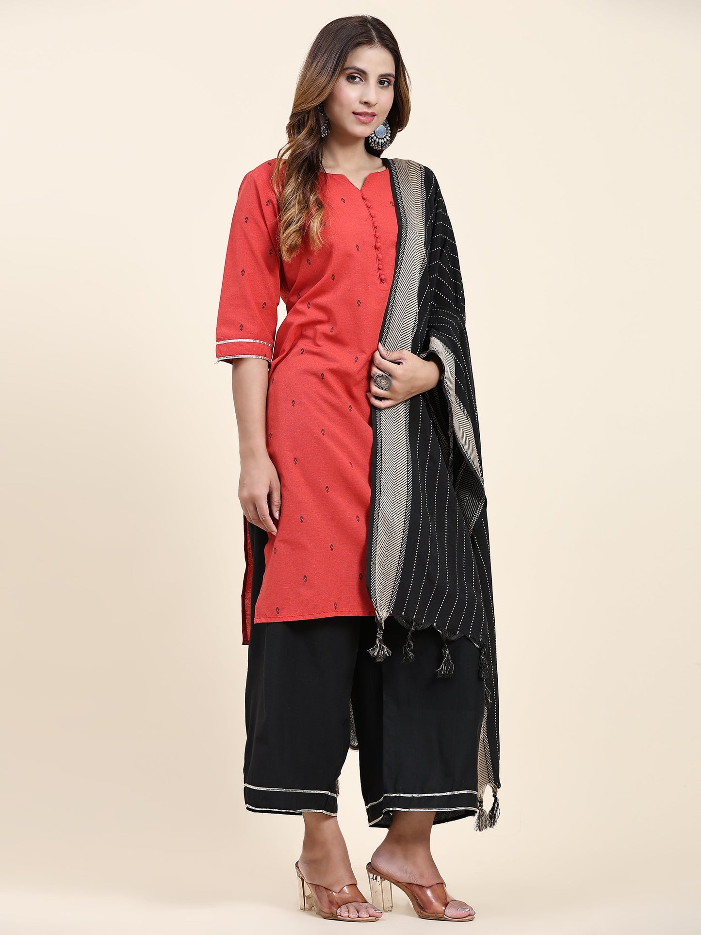 ANUSHIL Women's Cotton Kurta Plazzo Dupatta Set - Graceful Lace Detailing and Comfortable 3/4 Sleeves (Red)