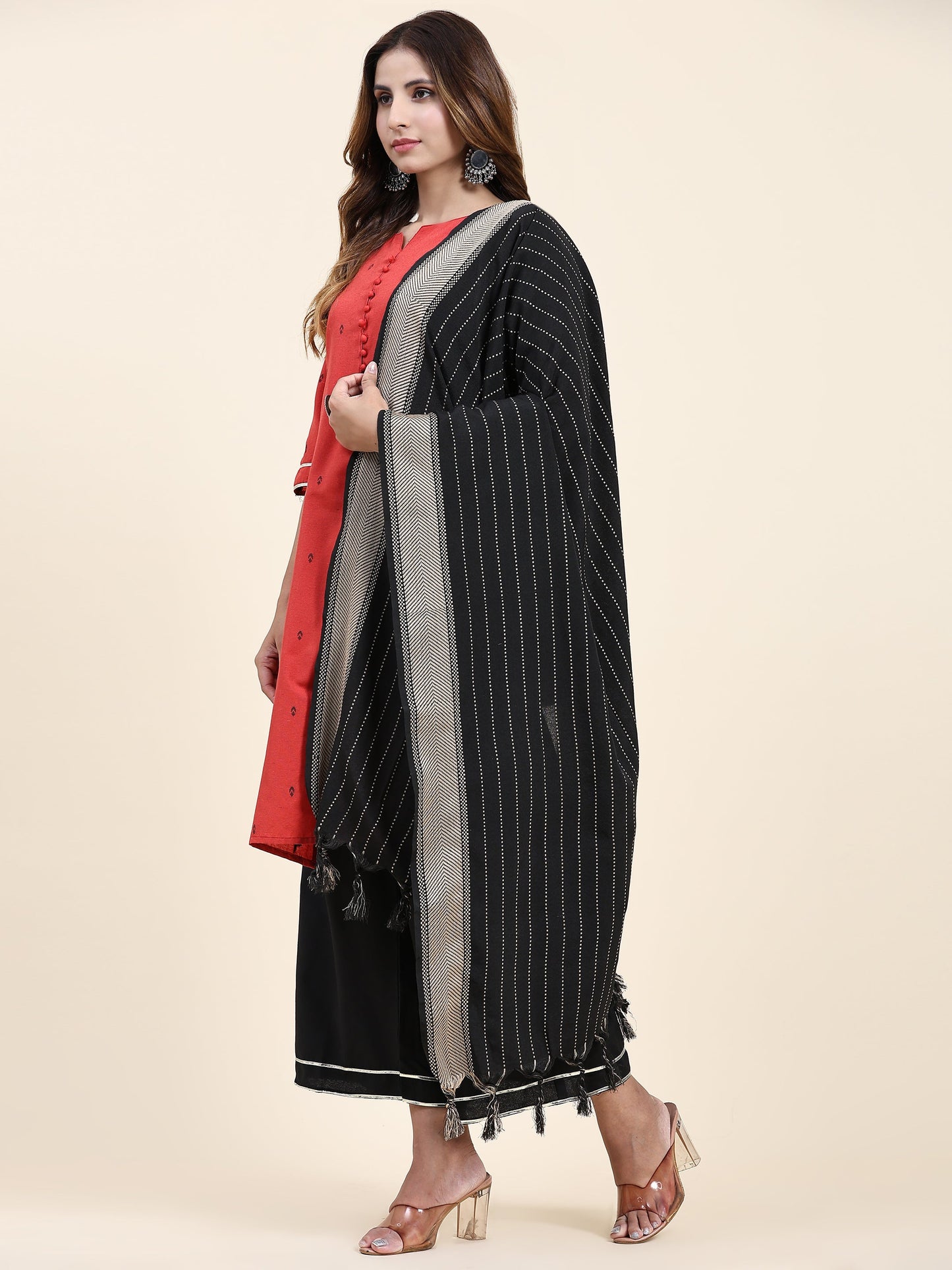 ANUSHIL Women's Cotton Kurta Plazzo Dupatta Set - Graceful Lace Detailing and Comfortable 3/4 Sleeves (Red)