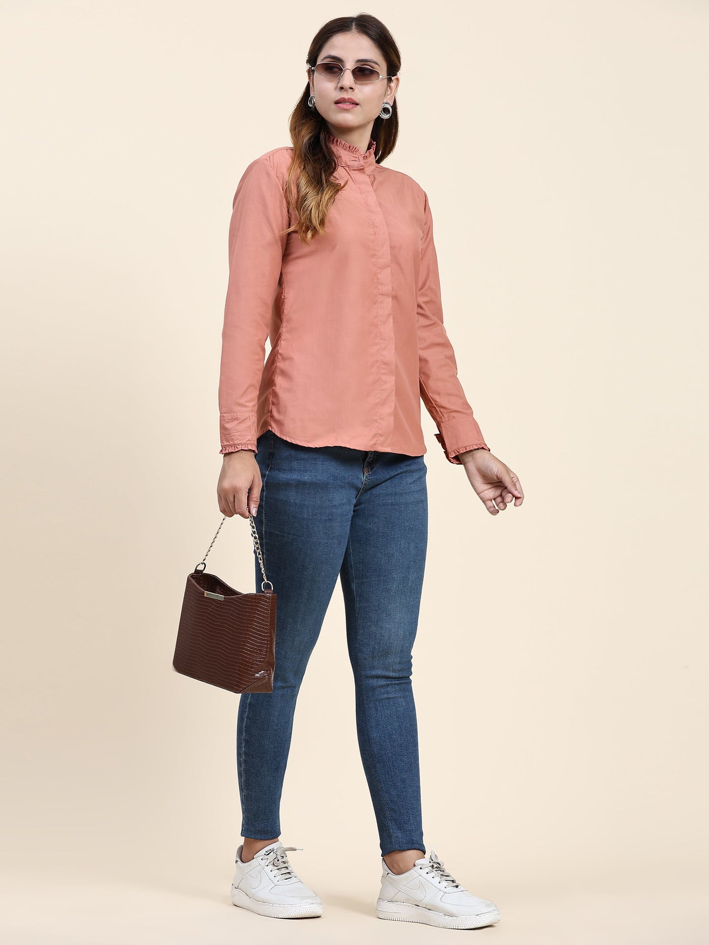 ANUSHIL Women's Cotton Shirts : Comfortable and Fashionable with Gathered Neck and Sleeves, Brown