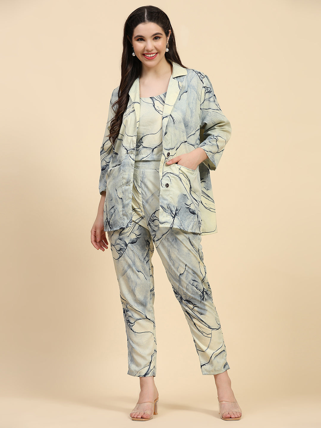 ANUSHIL Stylish Co-ord Set for Women - Printed Crop Top with Pants and Blazer, 3peice Co-ord Set for Casual Wear (Blue)