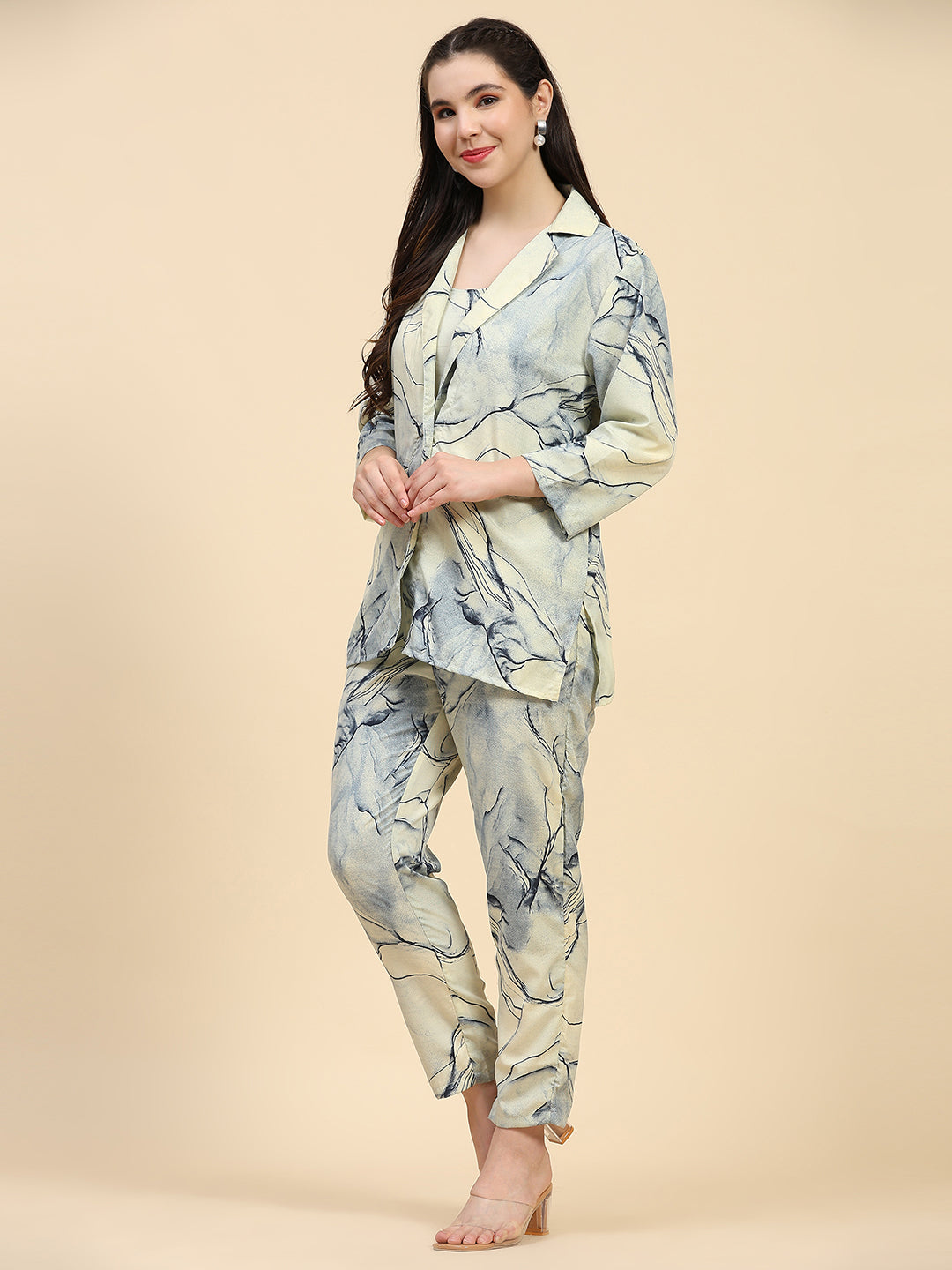 ANUSHIL Stylish Co-ord Set for Women - Printed Crop Top with Pants and Blazer, 3peice Co-ord Set for Casual Wear (Blue)