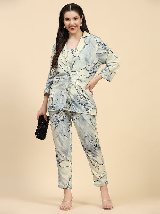 ANUSHIL Stylish Co-ord Set for Women - Printed Crop Top with Pants and Blazer, 3peice Co-ord Set for Casual Wear (Blue)