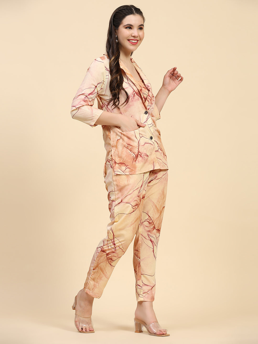 ANUSHIL Stylish Co-ord Set for Women - Printed Crop Top with Pants and Blazer, 3peice Co-ord Set for Casual Wear (Orange)