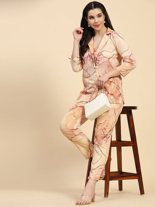 ANUSHIL Stylish Co-ord Set for Women - Printed Crop Top with Pants and Blazer, 3peice Co-ord Set for Casual Wear (Orange)