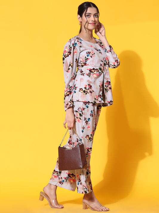 Stylish Women's Co-ord Sets - Printed Peplum Top With Plazzo Pants(Light Grey)