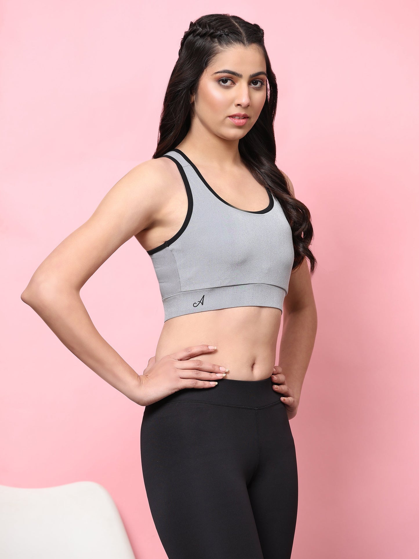 Women Solid Cotton 4 Way Strechable Non Wired Racer Back Sports Bra Hollow Back Design Grey