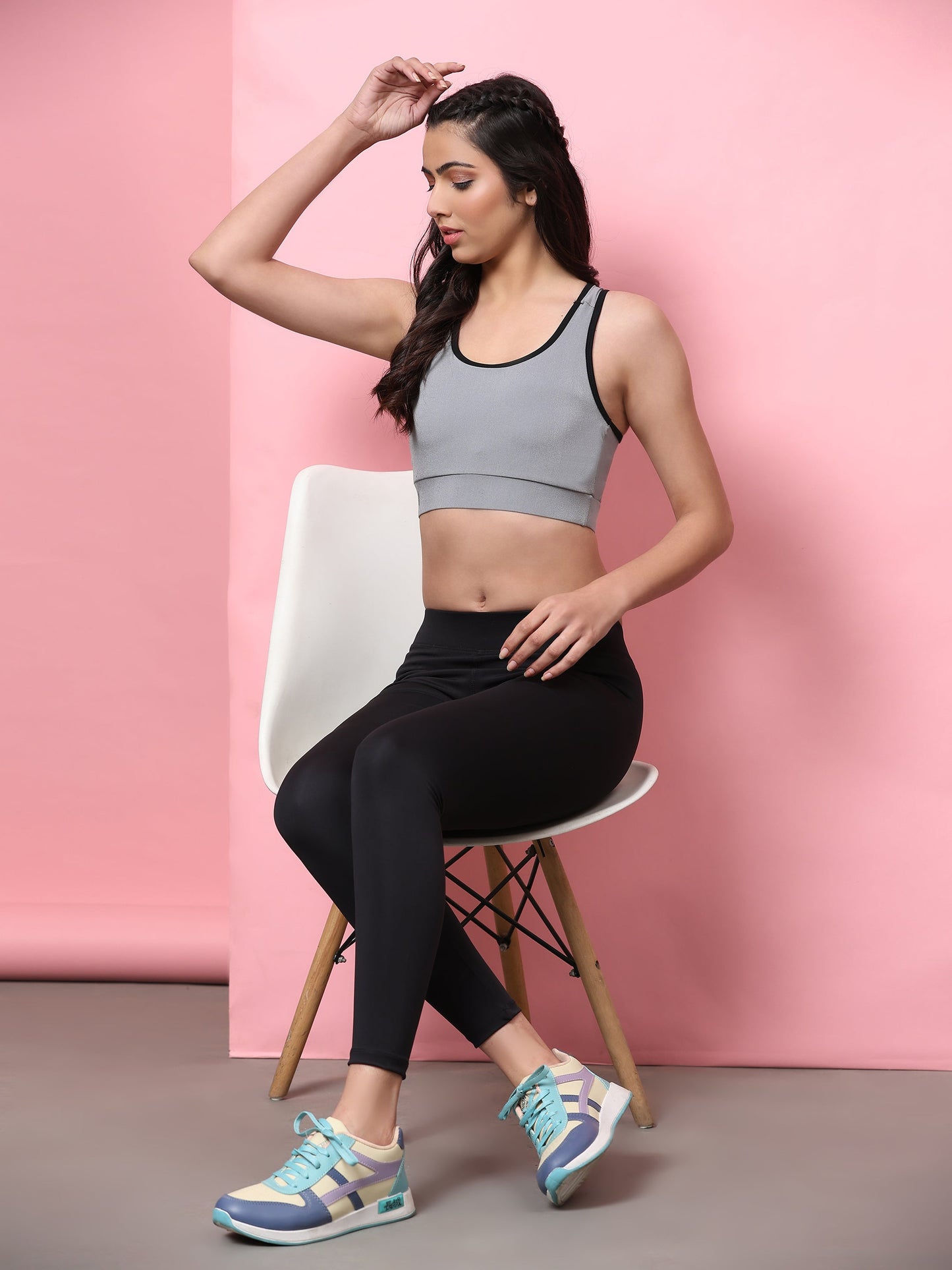 Women Solid Cotton 4 Way Strechable Non Wired Racer Back Sports Bra Hollow Back Design Grey