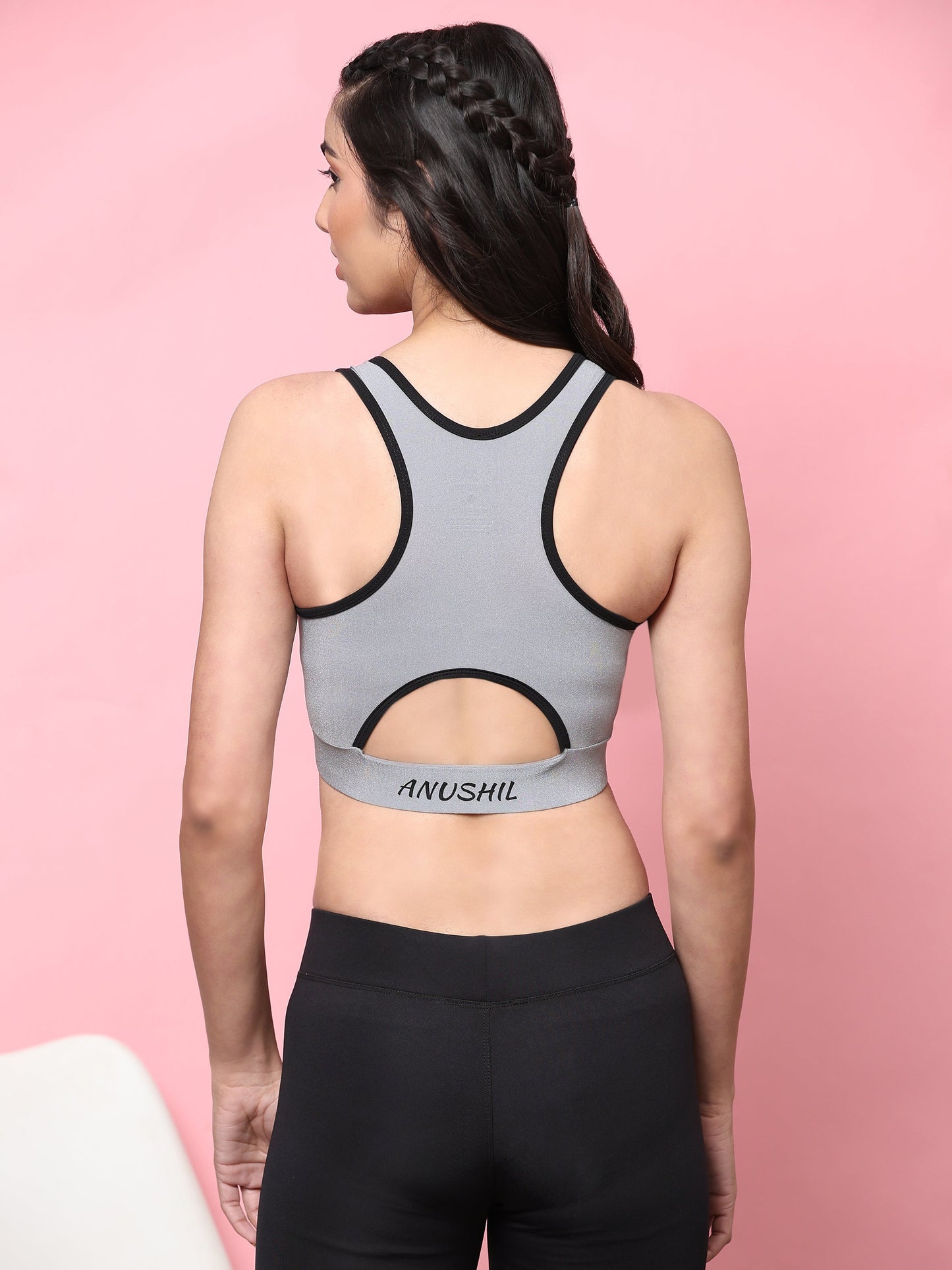 Women Solid Cotton 4 Way Strechable Non Wired Racer Back Sports Bra Hollow Back Design Grey