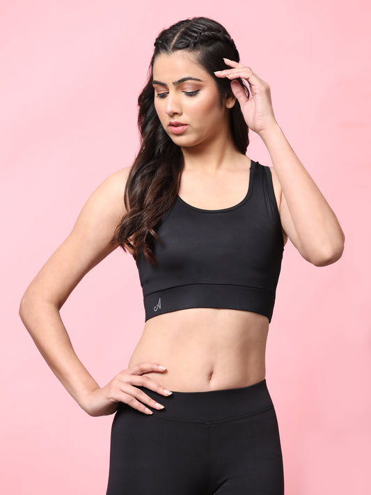 Women Solid Cotton 4 Way Strechable Non Wired Racer Back Sports Bra Hollow Back Design