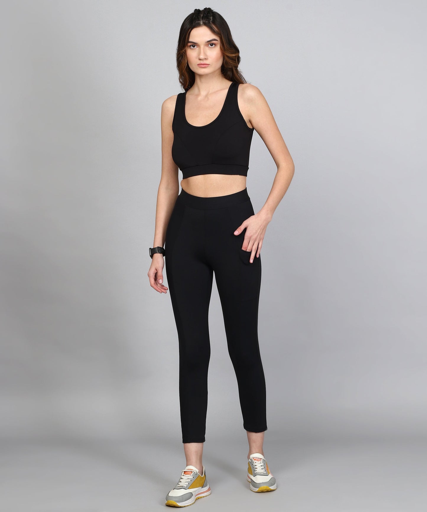 ANUSHIL Women Cotton Solid Sports Bra And Jegging with Pocket For Gym Sports Yoga Swimming Running(Color:-Black)