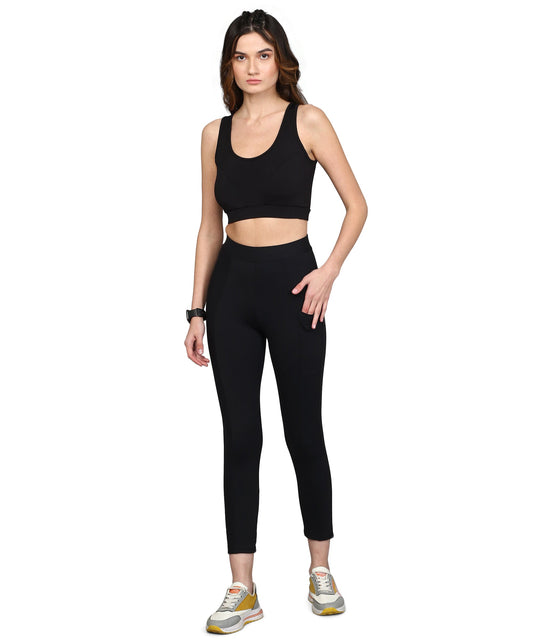 ANUSHIL Women Cotton Solid Sports Bra And Jegging with Pocket For Gym Sports Yoga Swimming Running(Color:-Black)
