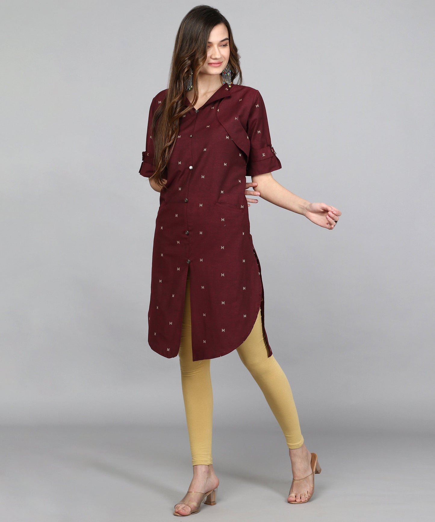 ANUSHIL Women Cotton Printed Center Slit Design V-Neck Elbow Sleeve Calf Length Kurti with Attached Koti (Maroon)