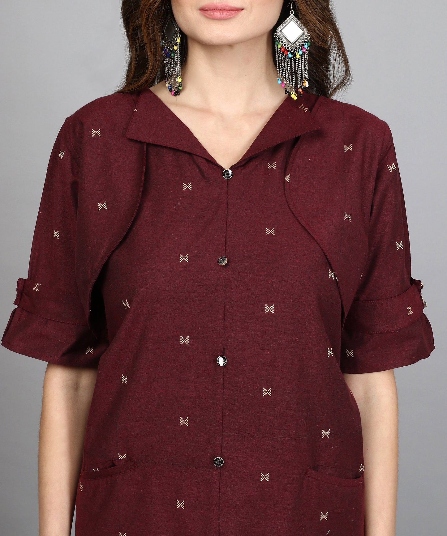 ANUSHIL Women Cotton Printed Center Slit Design V-Neck Elbow Sleeve Calf Length Kurti with Attached Koti (Maroon)