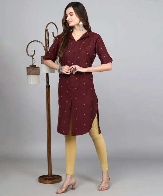 ANUSHIL Women Cotton Printed Center Slit Design V-Neck Elbow Sleeve Calf Length Kurti with Attached Koti (Maroon)