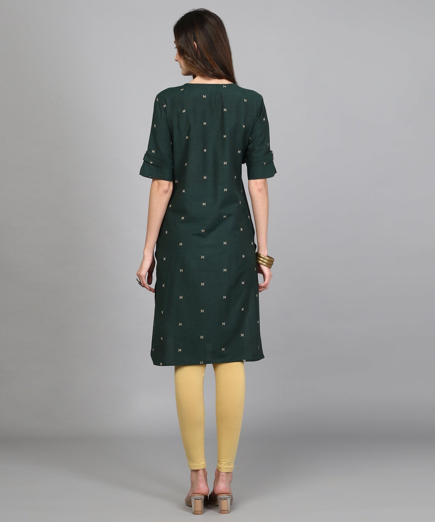 ANUSHIL Women Cotton Printed Center Slit Design V-Neck Elbow Sleeve Calf Length Kurti with Attached Koti (Green)