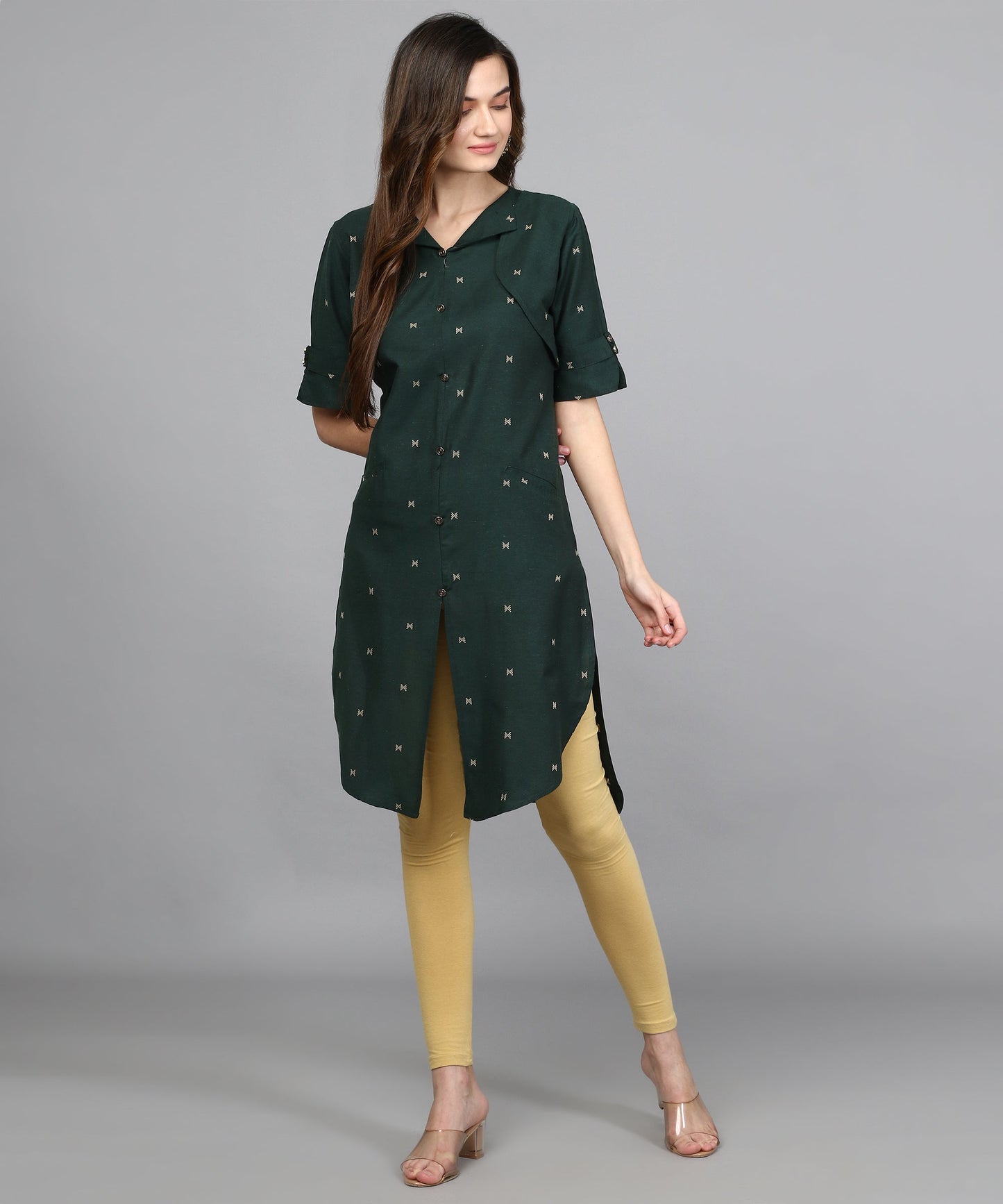 ANUSHIL Women Cotton Printed Center Slit Design V-Neck Elbow Sleeve Calf Length Kurti with Attached Koti (Green)