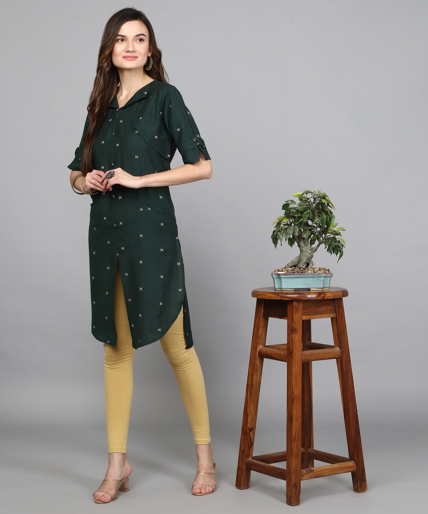 ANUSHIL Women Cotton Printed Center Slit Design V-Neck Elbow Sleeve Calf Length Kurti with Attached Koti (Green)
