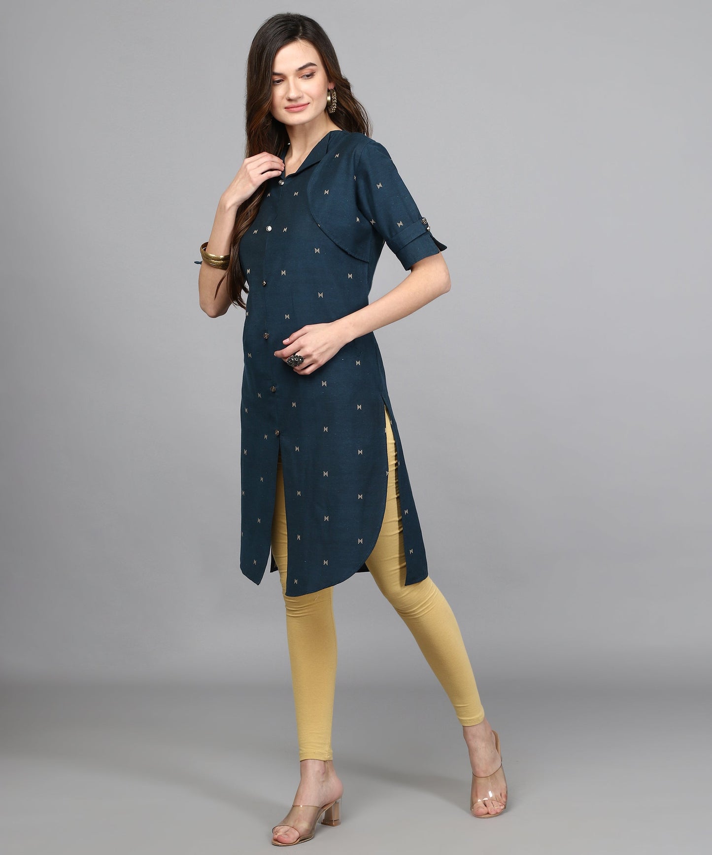 ANUSHIL Women Cotton Printed Center Slit Design V-Neck Elbow Sleeve Calf Length Kurti with Attached Koti ( Blue)