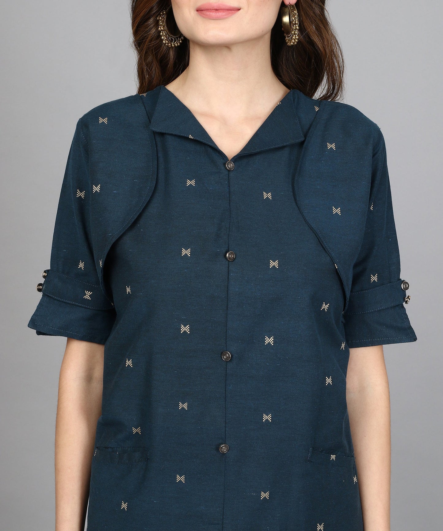 ANUSHIL Women Cotton Printed Center Slit Design V-Neck Elbow Sleeve Calf Length Kurti with Attached Koti ( Blue)