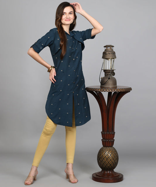 ANUSHIL Women Cotton Printed Center Slit Design V-Neck Elbow Sleeve Calf Length Kurti with Attached Koti ( Blue)