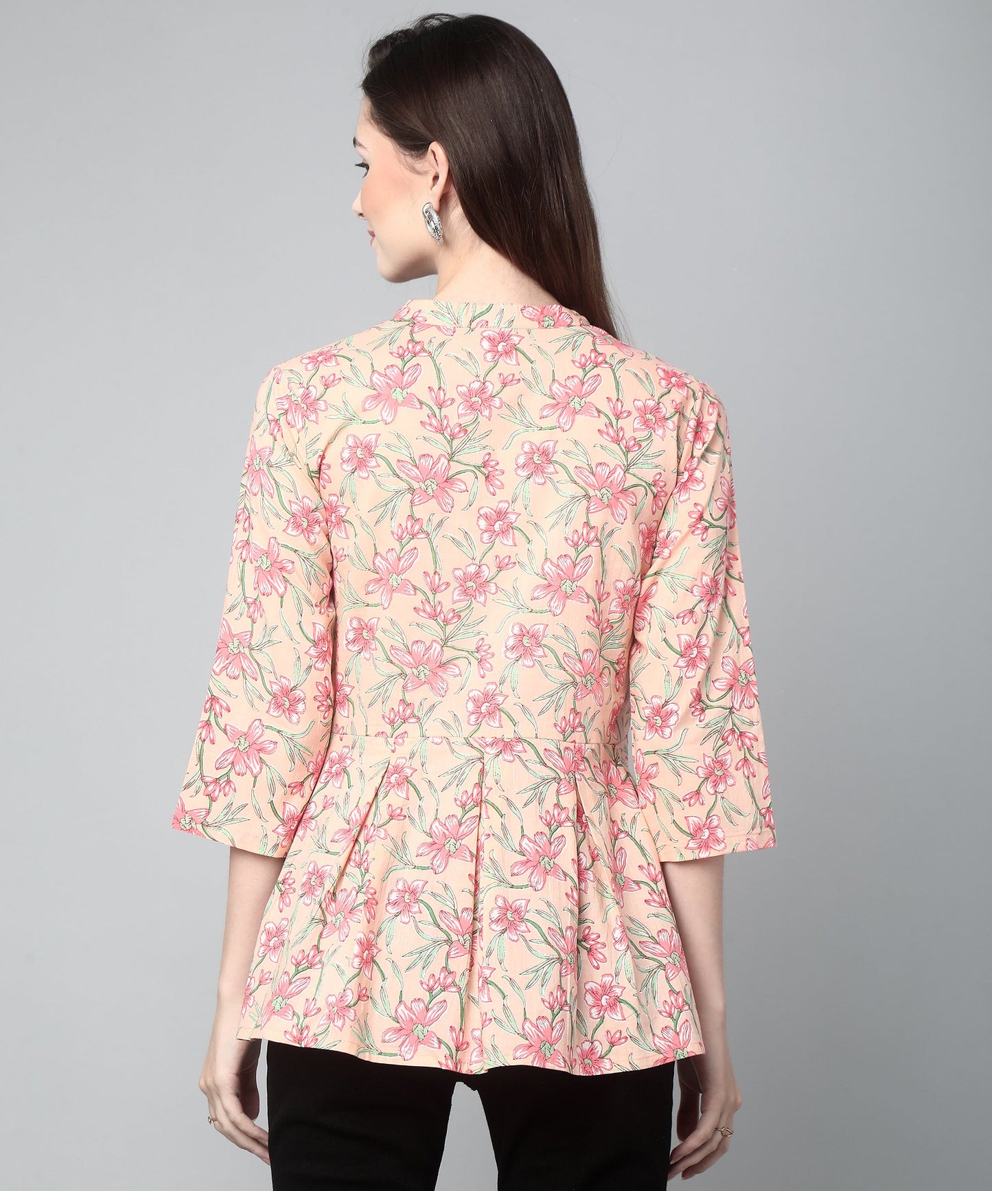Printed Floral Cotton Peplum Top, Orange