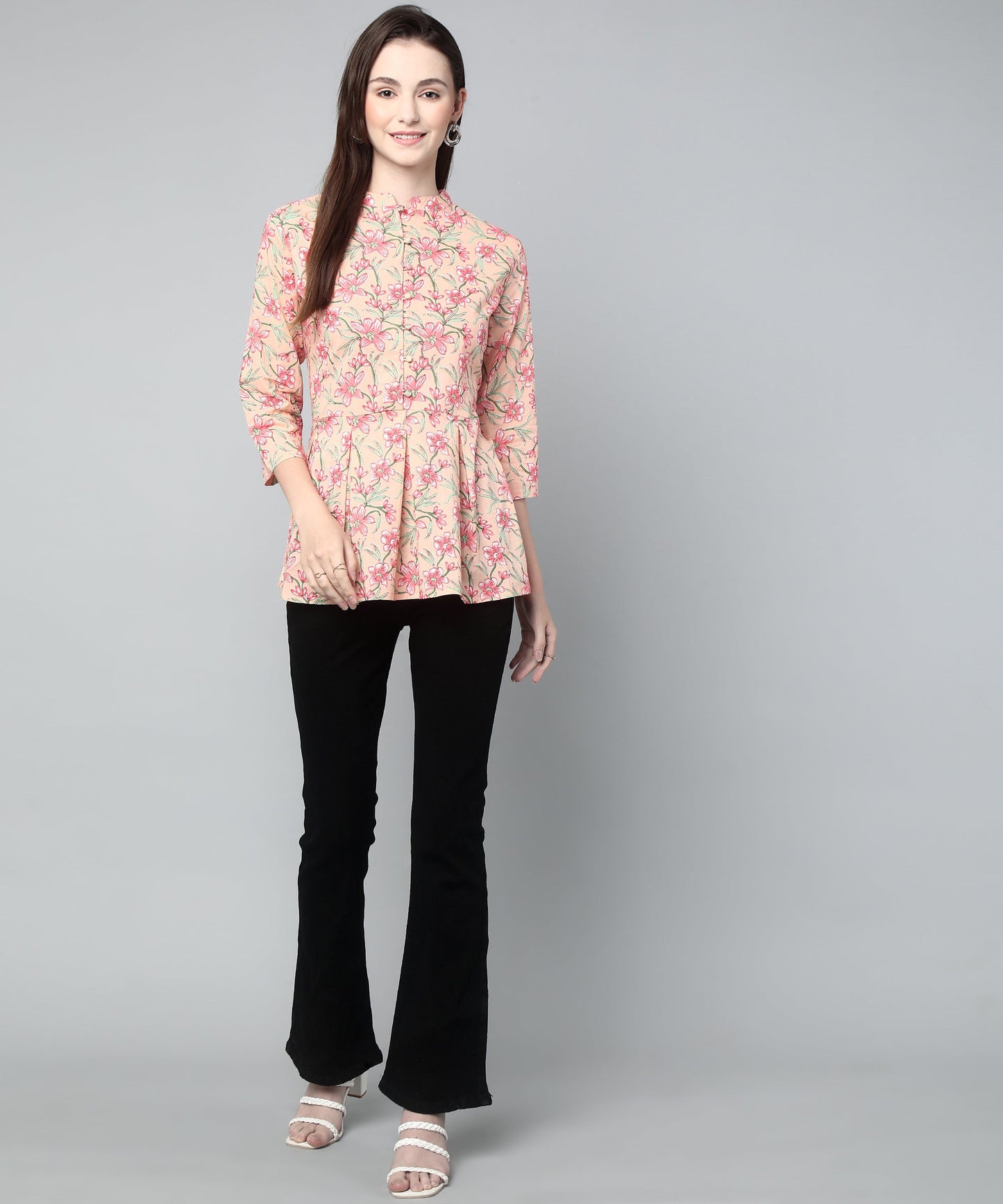 Printed Floral Cotton Peplum Top, Orange