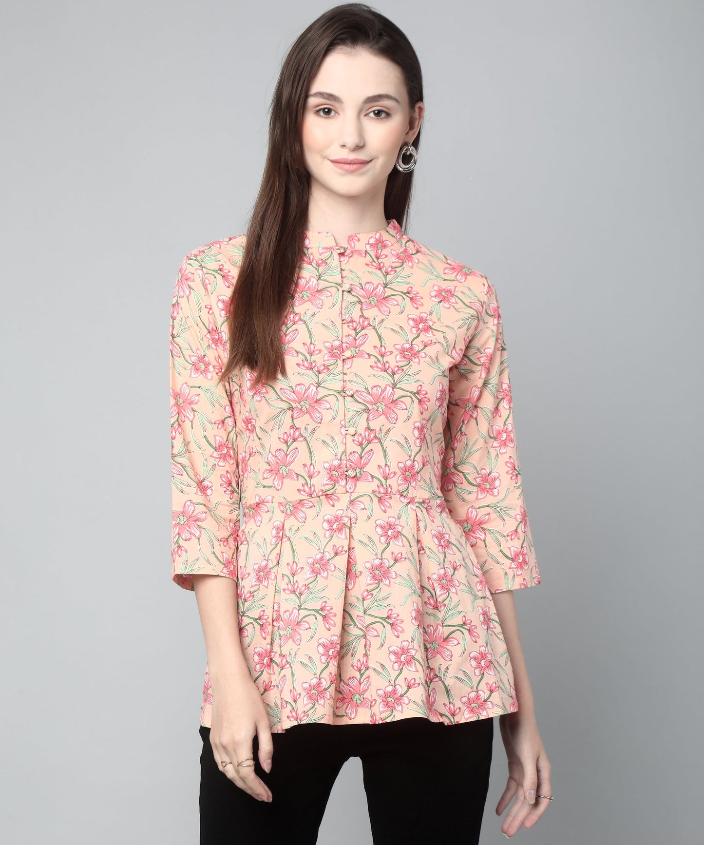 Printed Floral Cotton Peplum Top, Orange