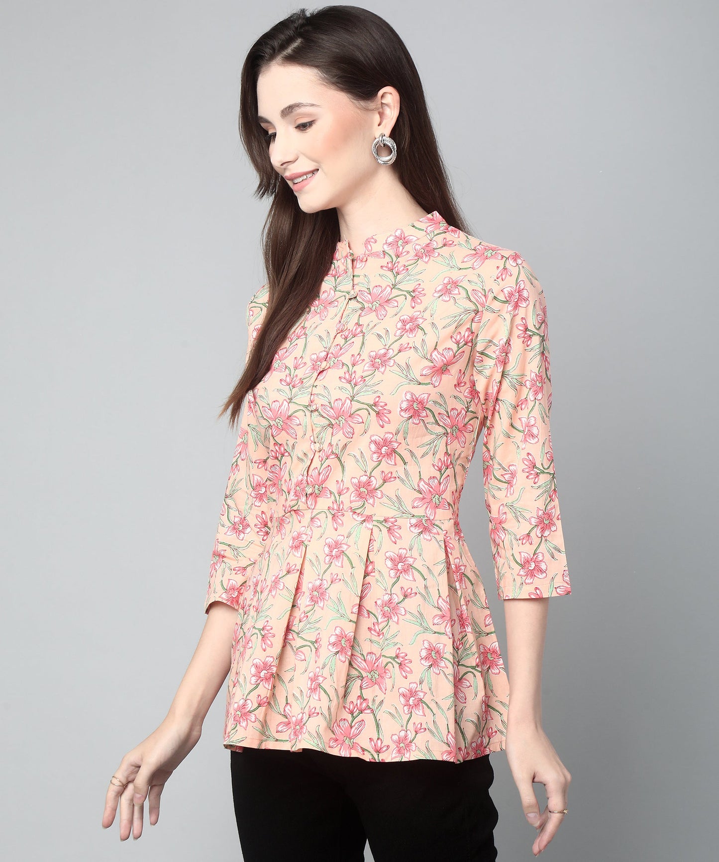 Printed Floral Cotton Peplum Top, Orange
