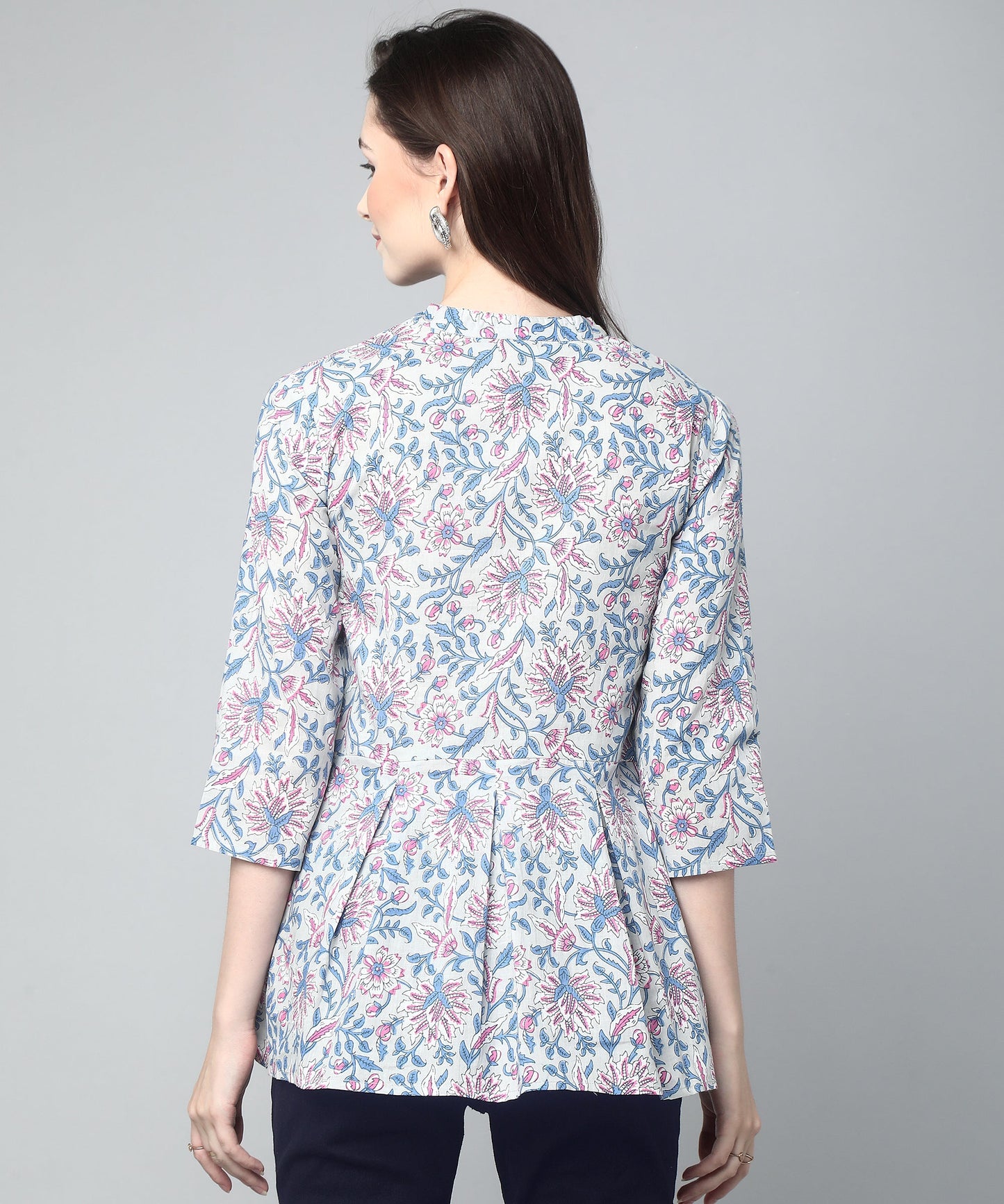 Printed Floral Cotton Peplum Top,Grey