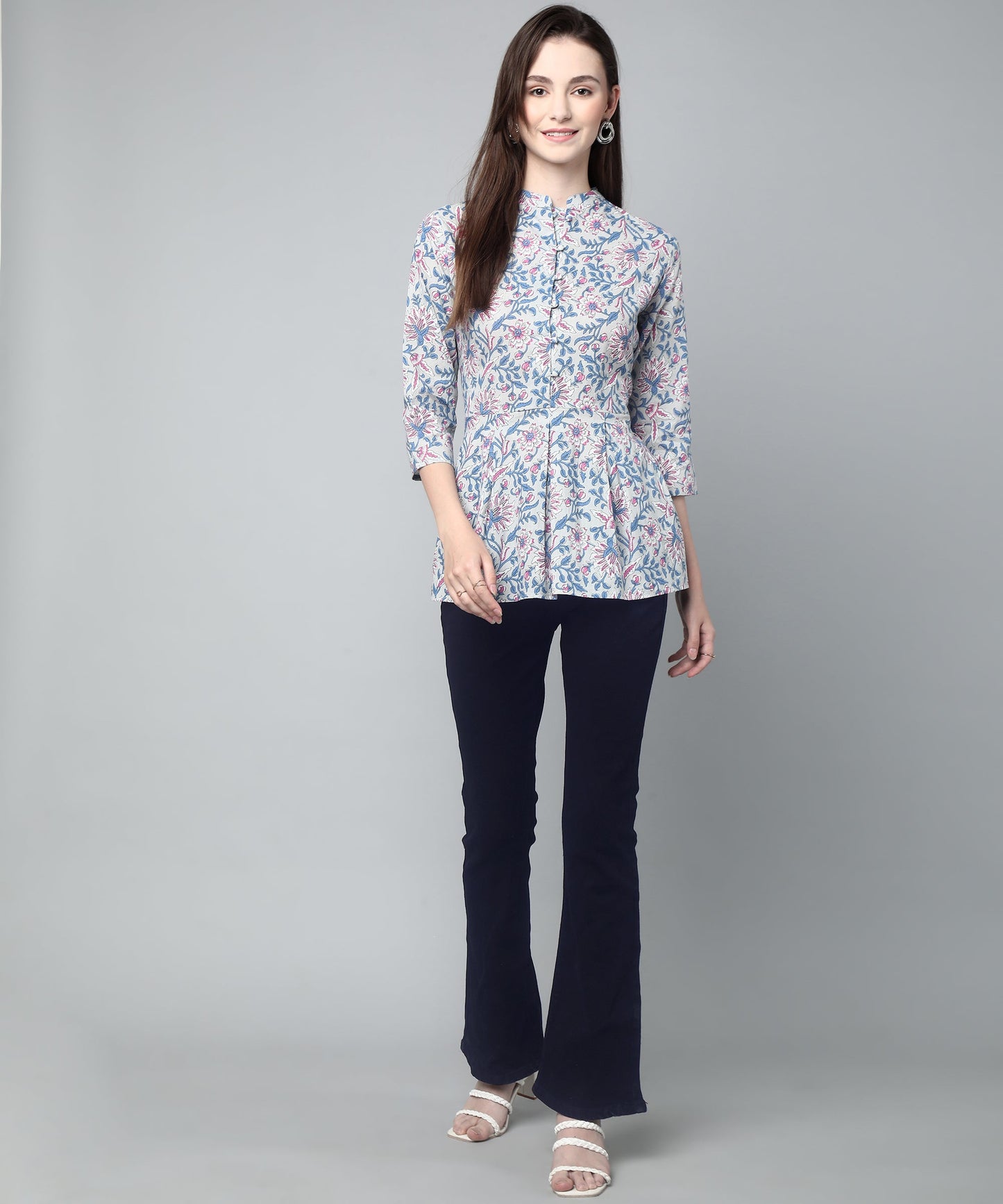 Printed Floral Cotton Peplum Top,Grey