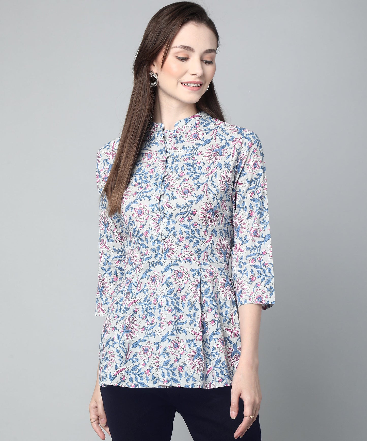 Printed Floral Cotton Peplum Top,Grey