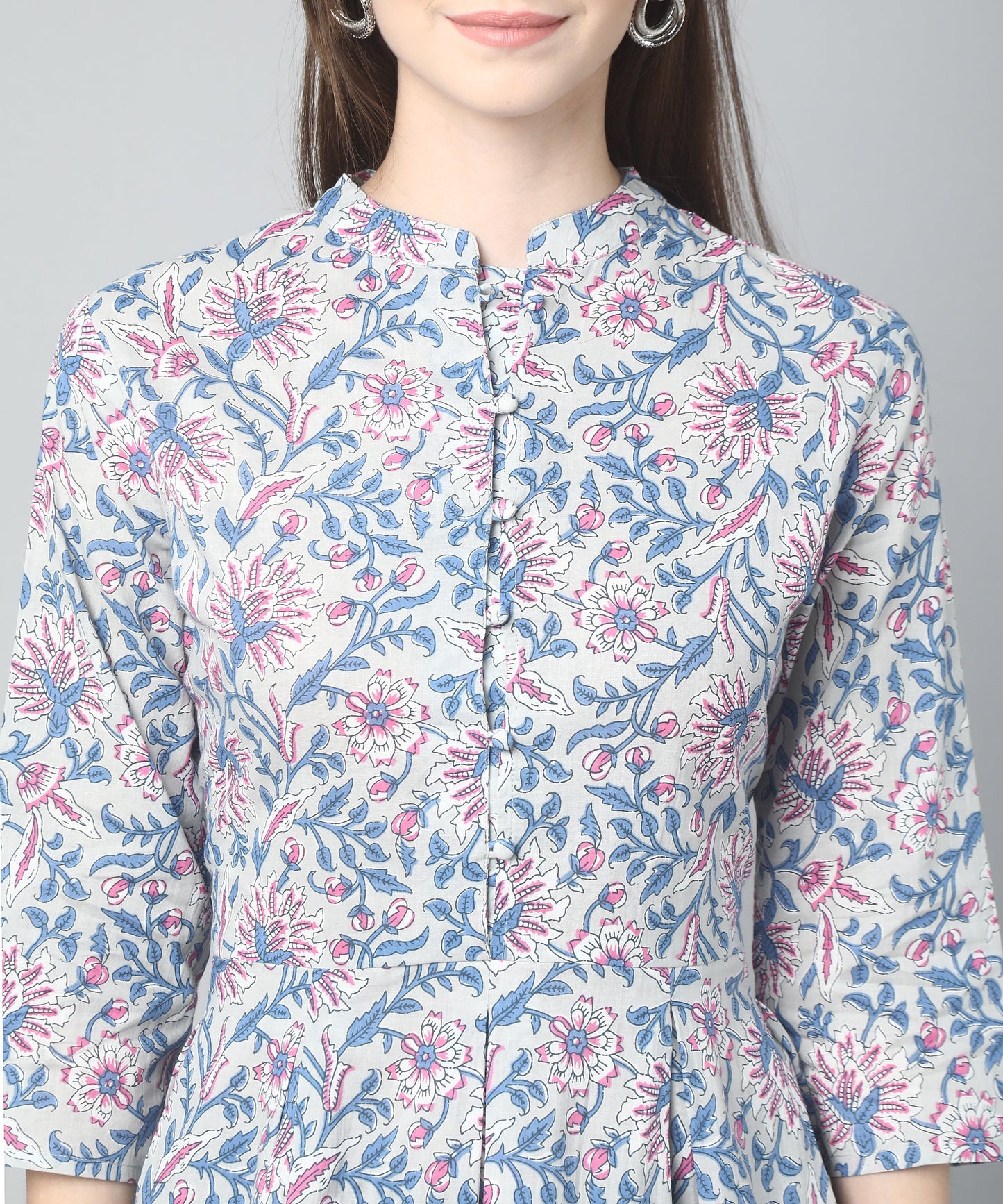 Printed Floral Cotton Peplum Top,Grey