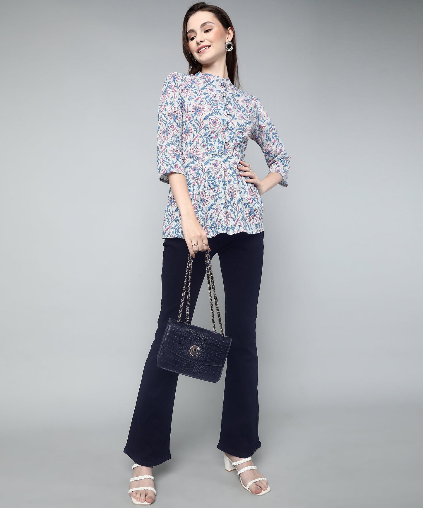 Printed Floral Cotton Peplum Top,Grey