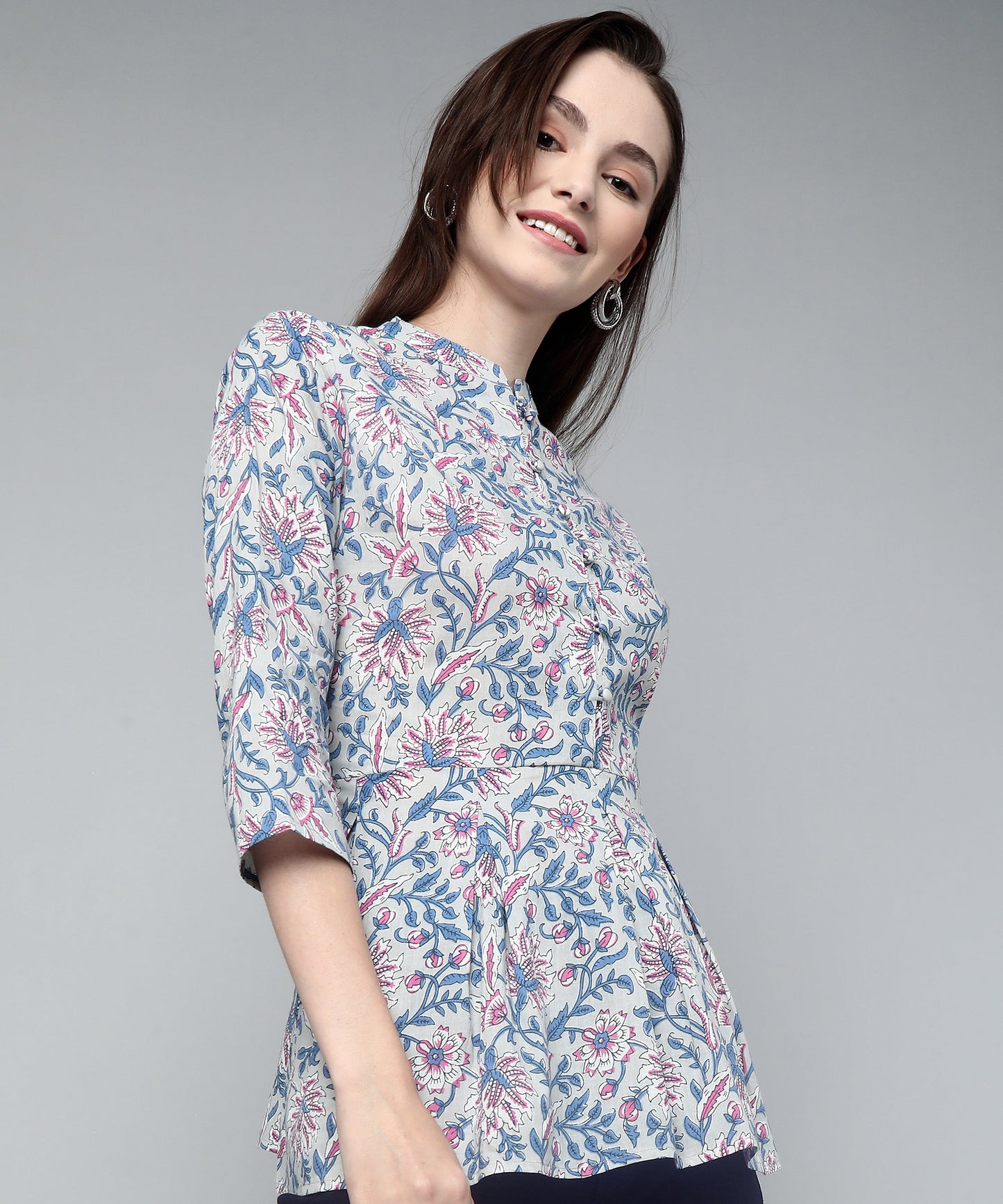 Printed Floral Cotton Peplum Top,Grey