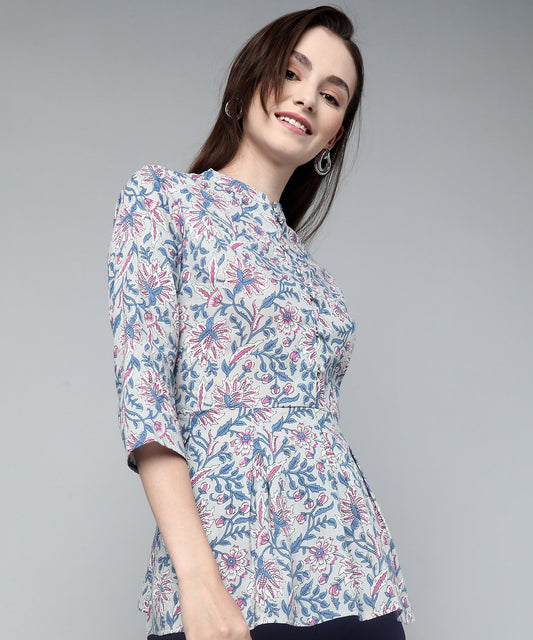 Printed Floral Cotton Peplum Top,Grey