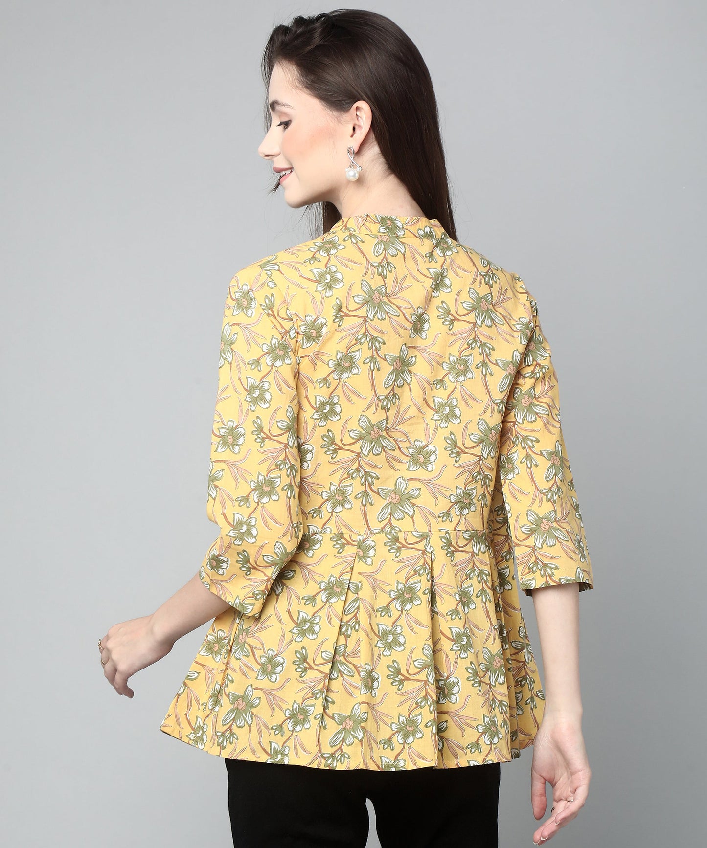 Printed Peplum  Cotton Floral Top,Yellow