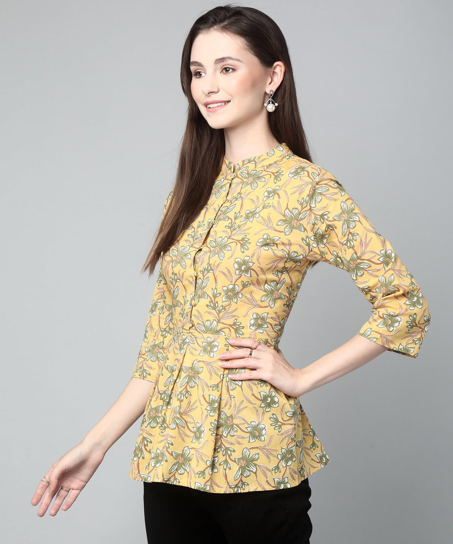 Printed Peplum  Cotton Floral Top,Yellow