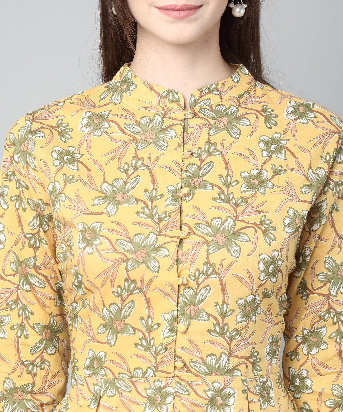 Printed Peplum  Cotton Floral Top,Yellow