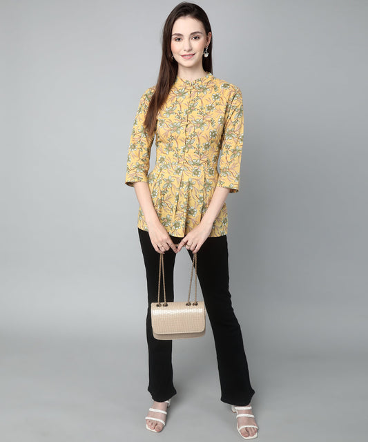 Printed Peplum  Cotton Floral Top,Yellow