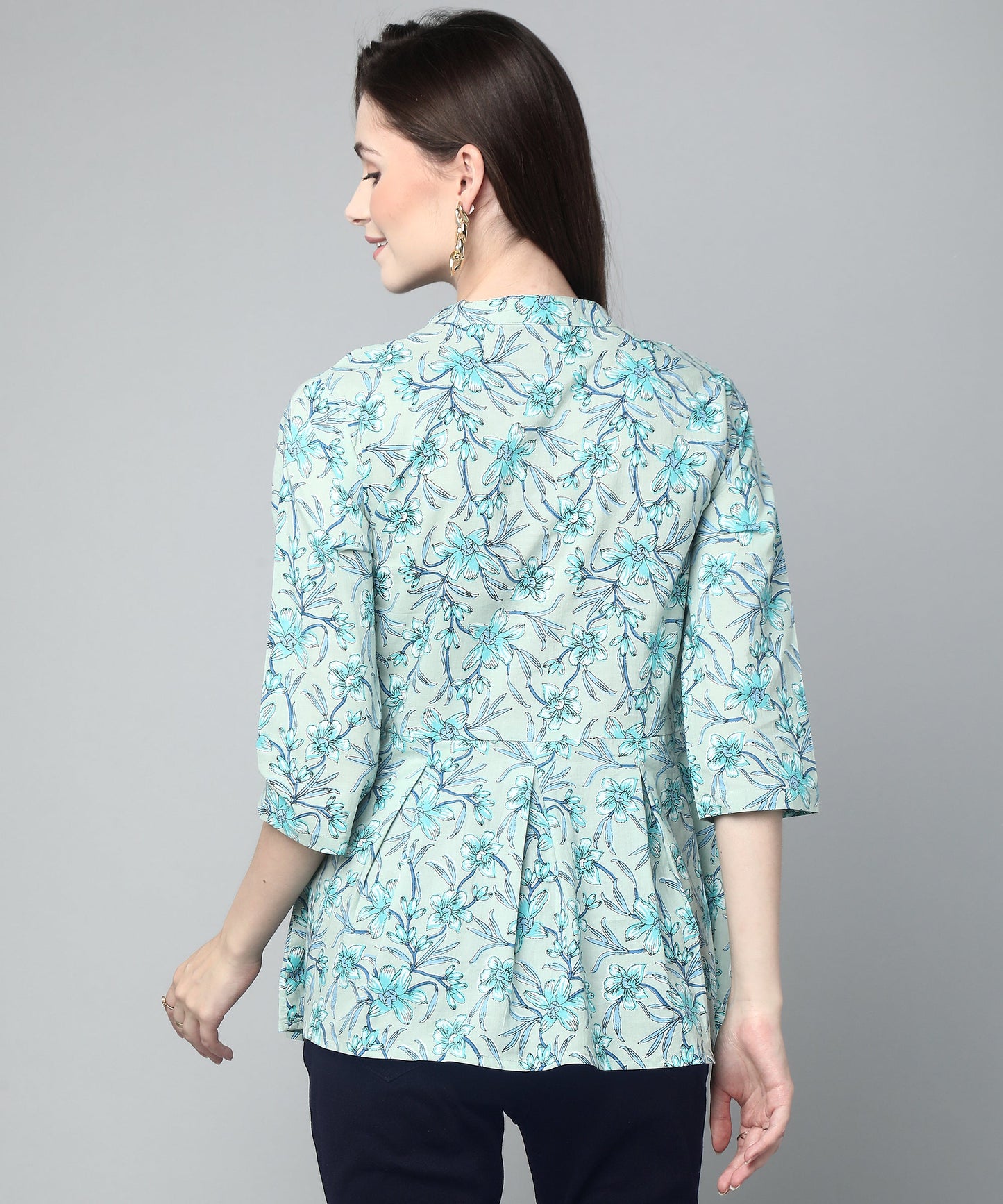 Printed Floral Cotton Peplum Top,Blue