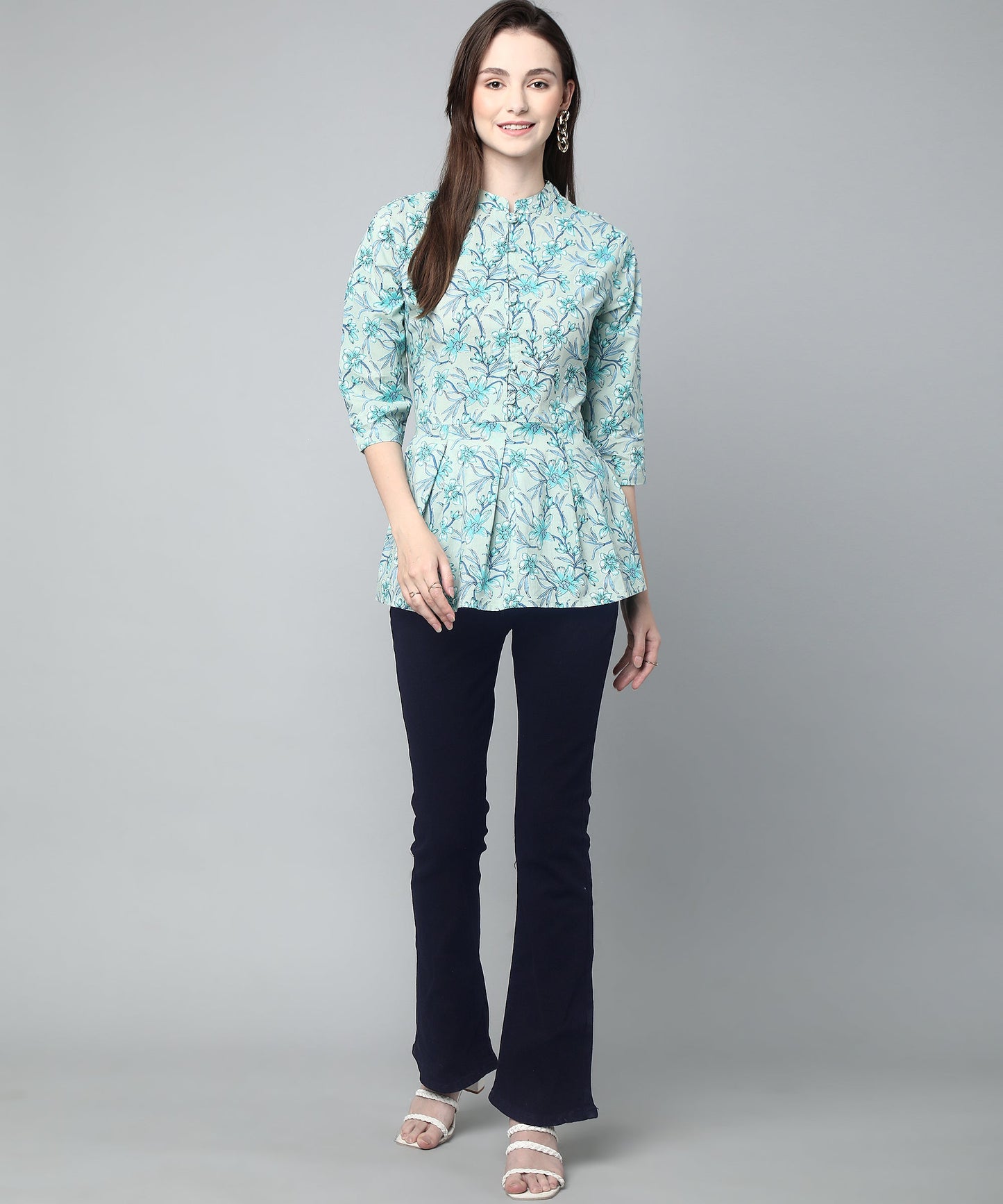 Printed Floral Cotton Peplum Top,Blue