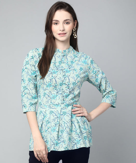 Printed Floral Cotton Peplum Top,Blue