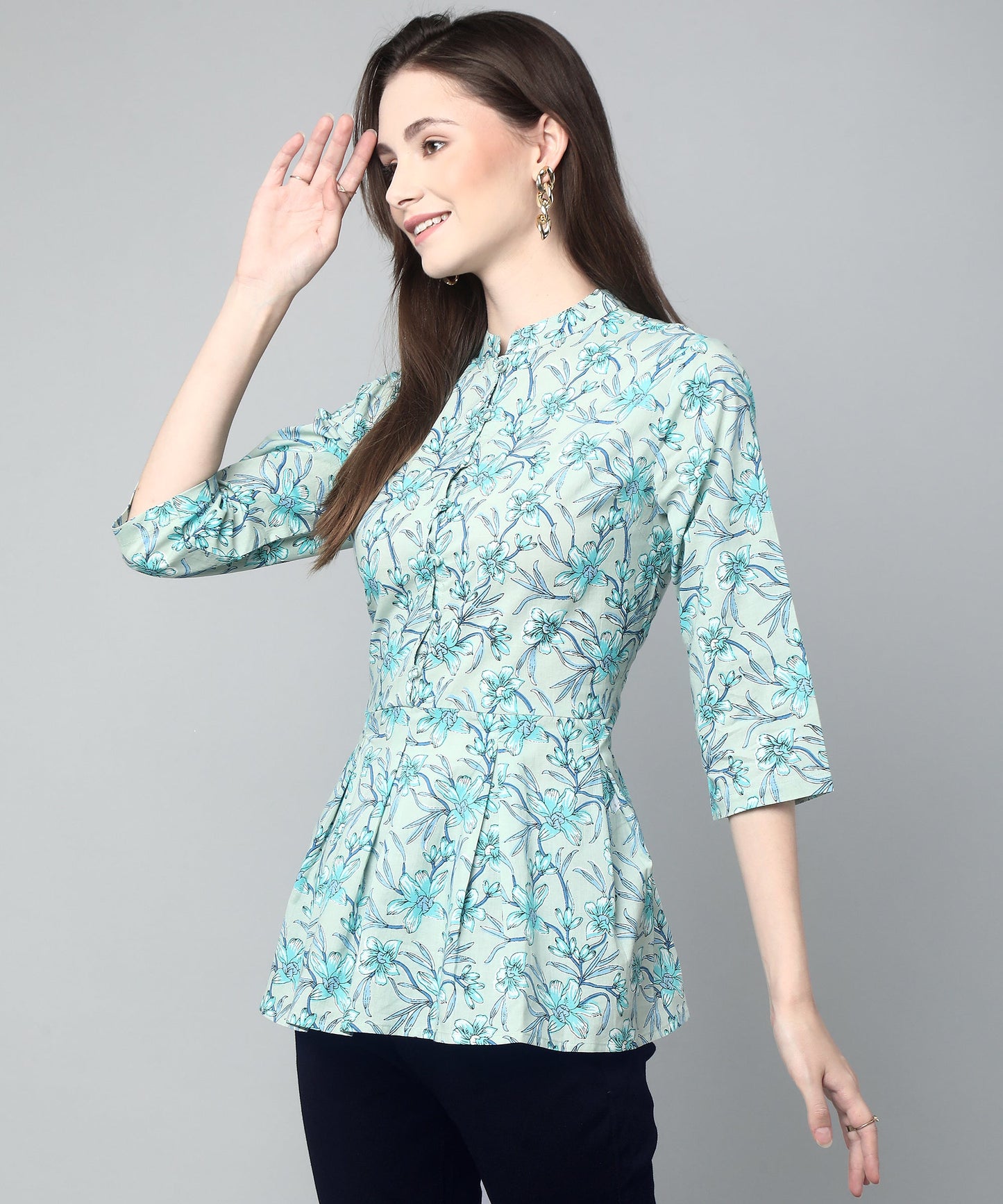 Printed Floral Cotton Peplum Top,Blue